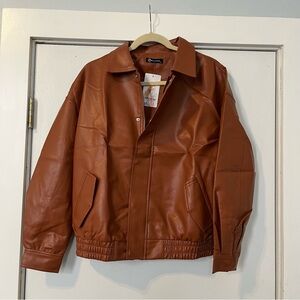 Cognac brown faux Leather Bomber Jacket Pretty garden size medium NWT poly
